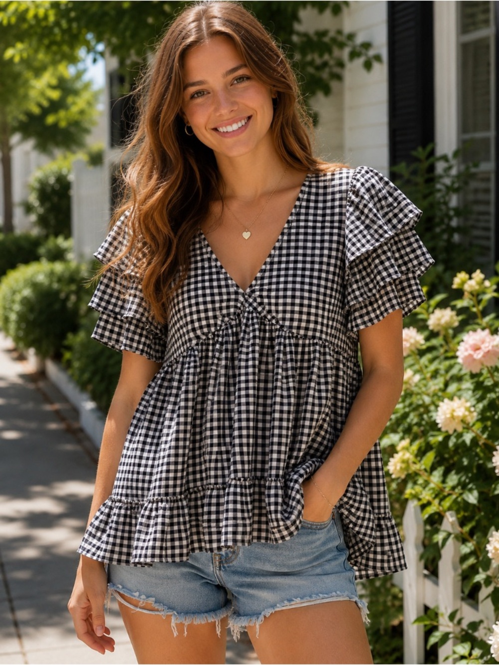 Jodifl Black and White Gingham Ruffle Sleeve V-Neck top